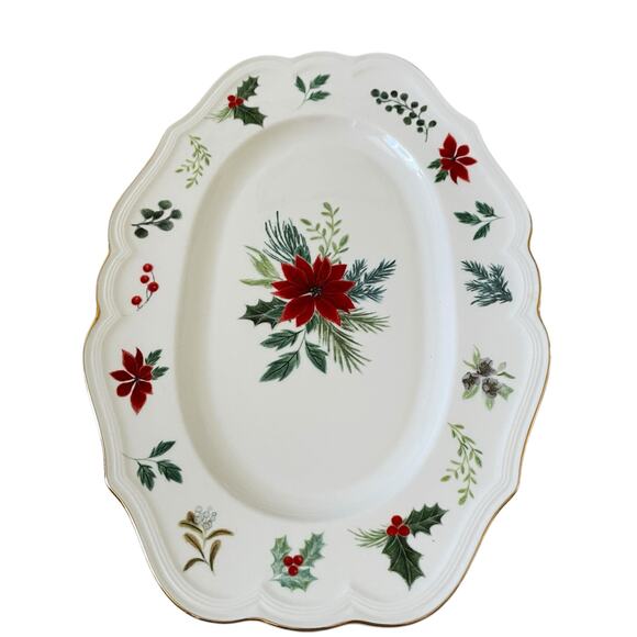 Grace Teaware Poinsettia & Holly Porcelain Oval Serving Tray Christmas New - Picture 11 of 14